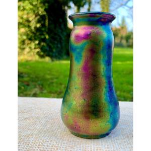 Superb Small Colocynth Iridescent Ceramic Art Nouveau Vase, Heliosine Ware, Austria