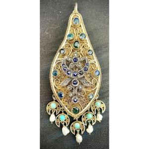 Meskia 19th Algerian Pendant, Vermeil Filigree & Gems (diamonds, Emeralds, Sapphires)