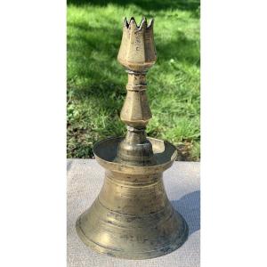 Ottoman 17th Cty Bronze Candlestick, Bell Base & Tulip-shaped Socket