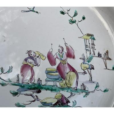 XVIIIth Moustiers Ceramic Plate Chinese, Pagodas, Terrace, After Jb Pillement Engraves