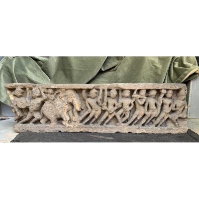 Fragmentary  Carved Stone Frieze Panel, Battle Scene Krishna Elephant Xth