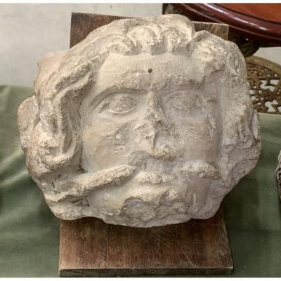 XIVth Head Limestone Fossil Carved Grotesque W Shackle