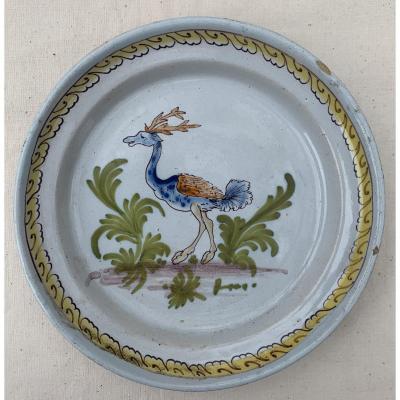 Nevers Or Moulins XVIIIe, Ceramic Plate Ostrich Deer Antler !!!