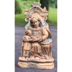 XVIth Small Bone Carved Statuary Group, Ste Anne Teaching Child Virgin To Read