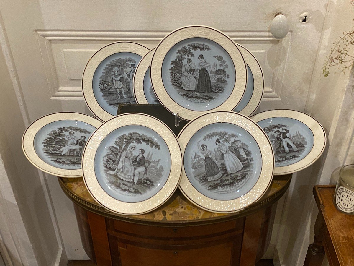 Choisy Earthenware Plates, Galante Scene Decor, 19th Century-photo-2