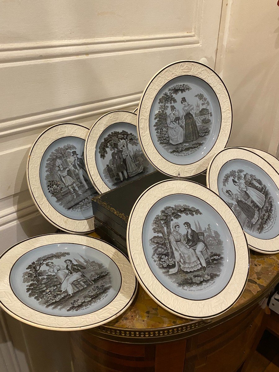 Choisy Earthenware Plates, Galante Scene Decor, 19th Century-photo-3