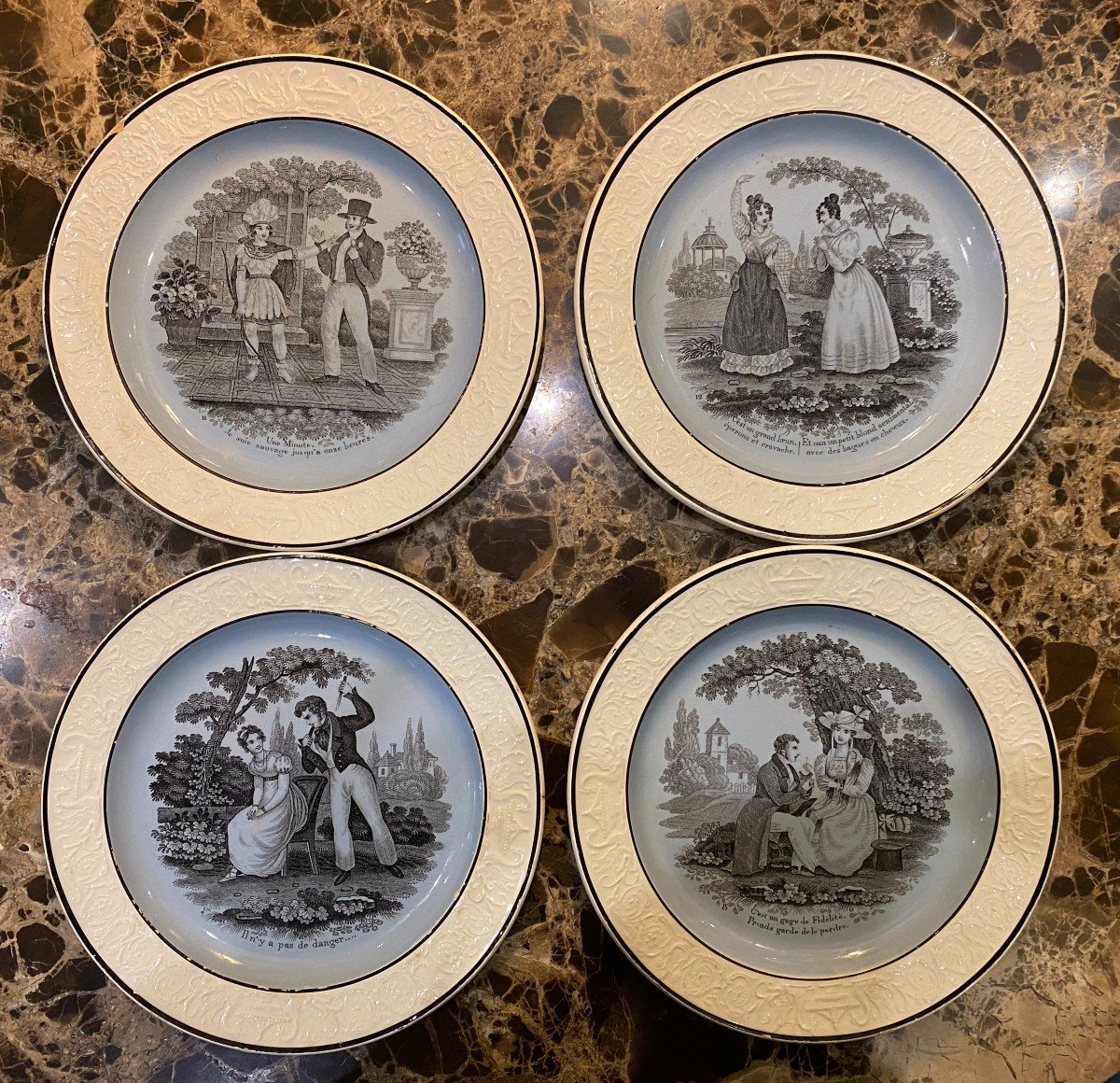 Choisy Earthenware Plates, Galante Scene Decor, 19th Century-photo-1