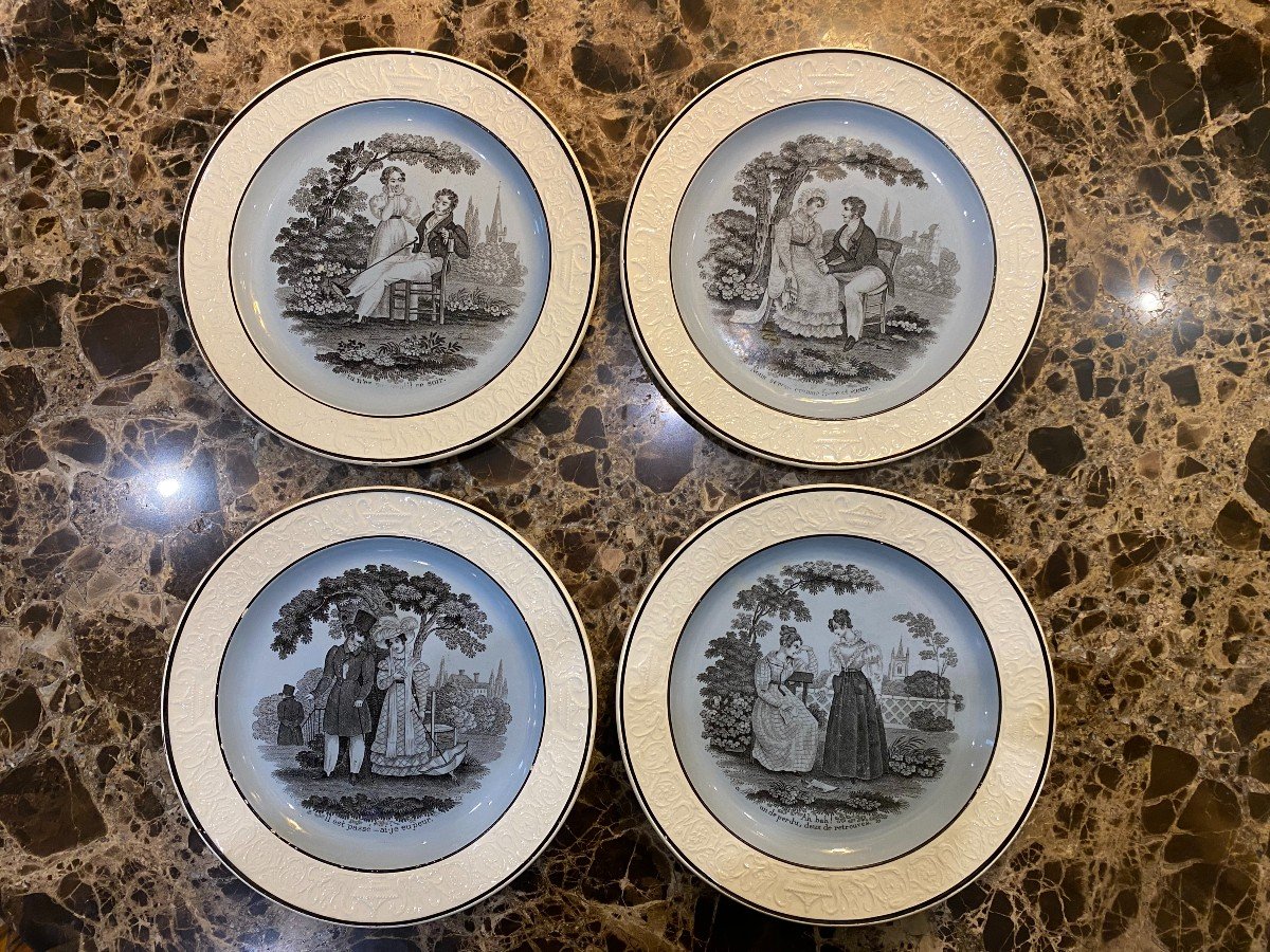 Choisy Earthenware Plates, Galante Scene Decor, 19th Century-photo-2