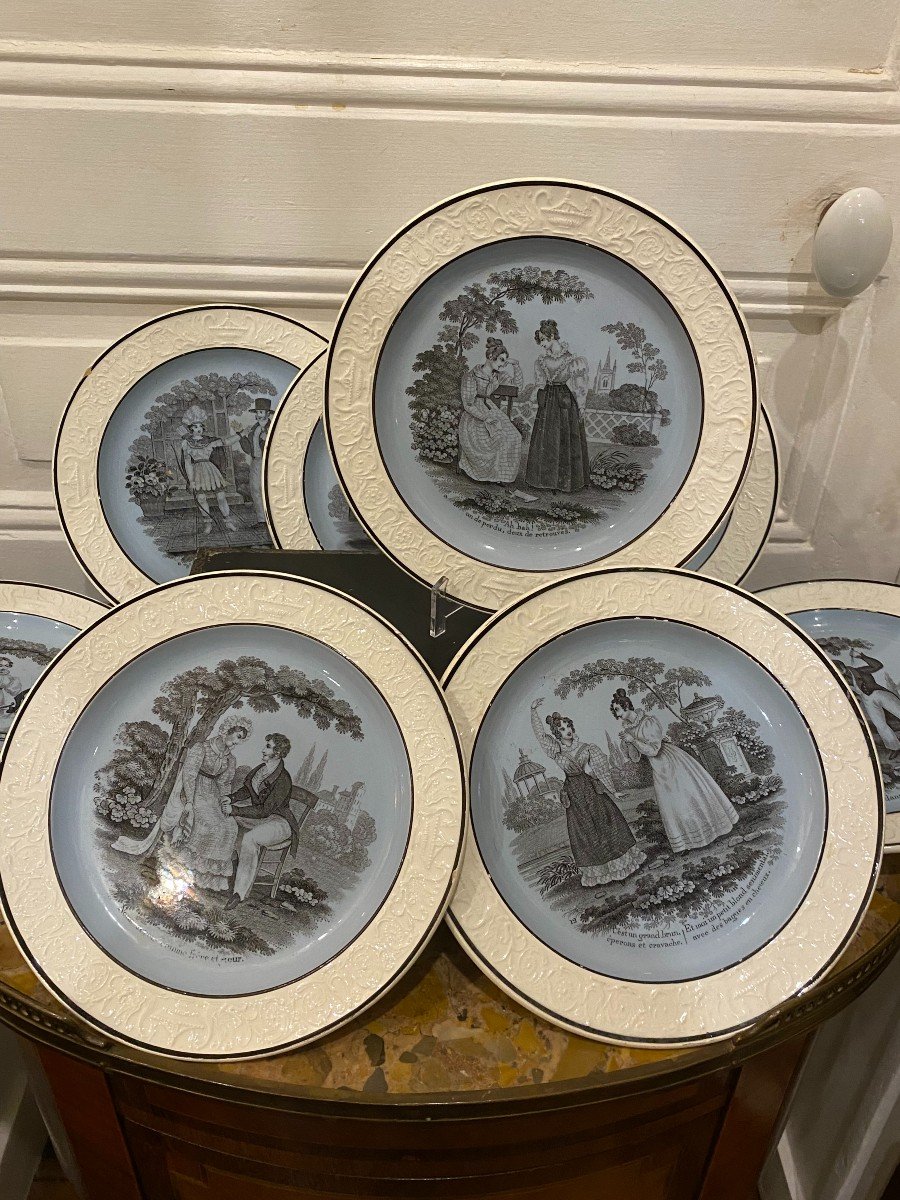 Choisy Earthenware Plates, Galante Scene Decor, 19th Century-photo-5