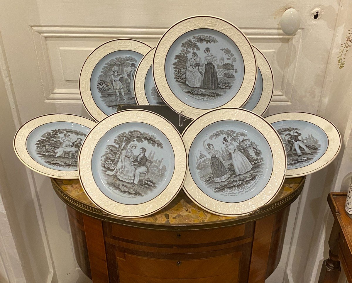 Choisy Earthenware Plates, Galante Scene Decor, 19th Century