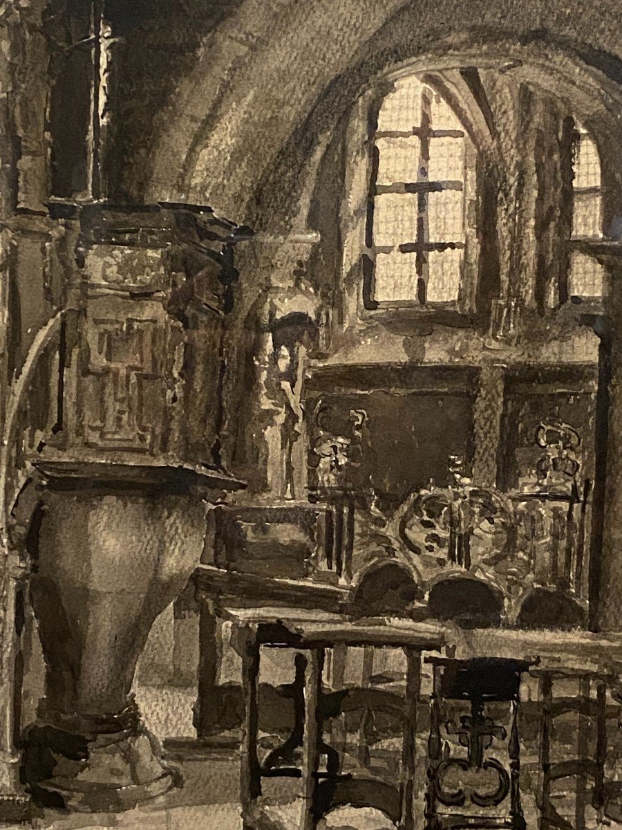 Church Interior, Watercolor, Charles Londot-photo-2