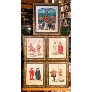 Color Lithographs, Set Of Middle Age Characters, 19th Century