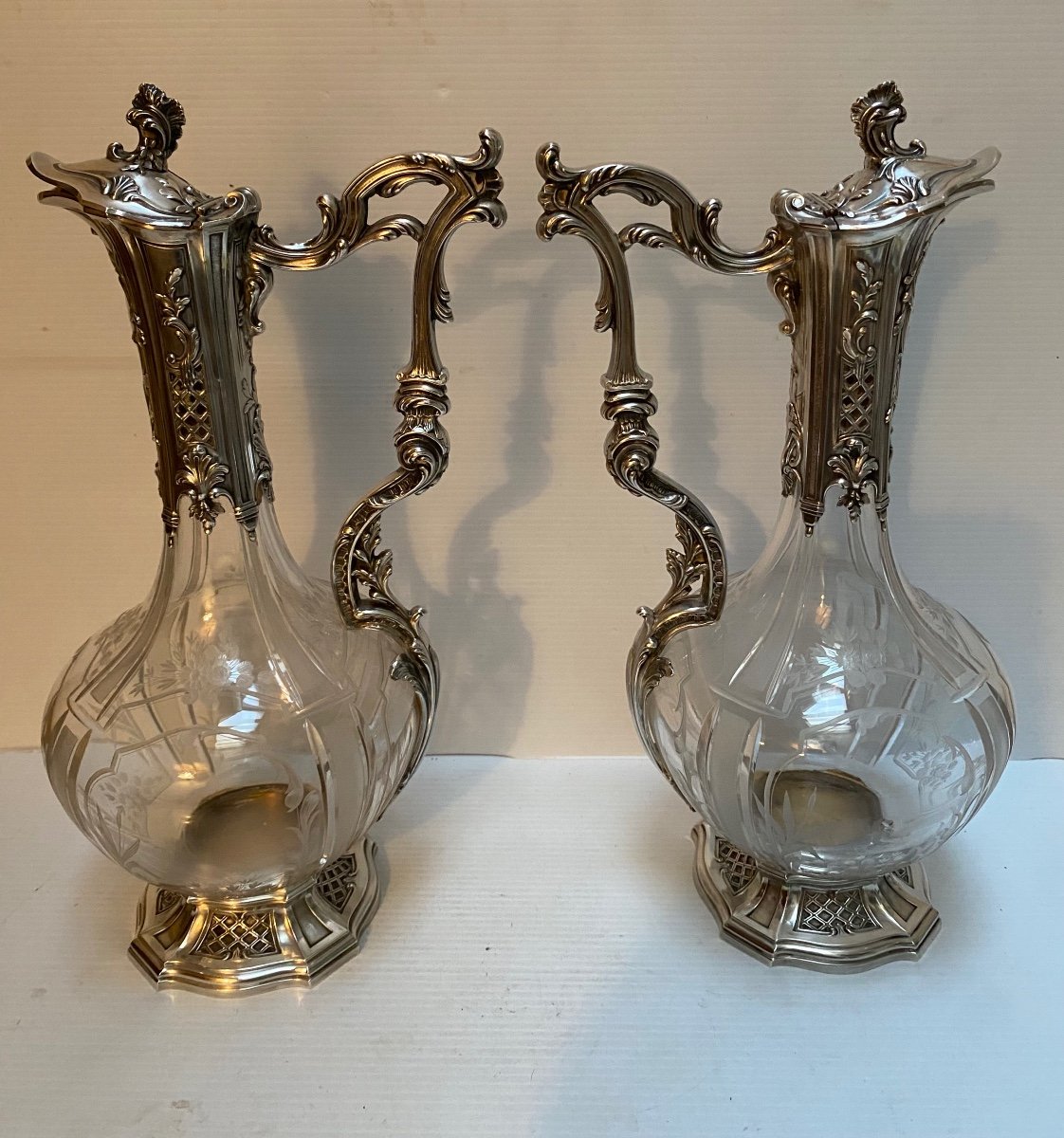 Pair Of Sterling Silver And Crystal Ewers 1880-photo-2