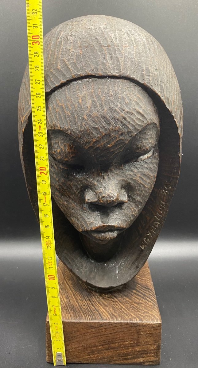 Patinated Carved Wooden Bust Ngyhama 1980-photo-4