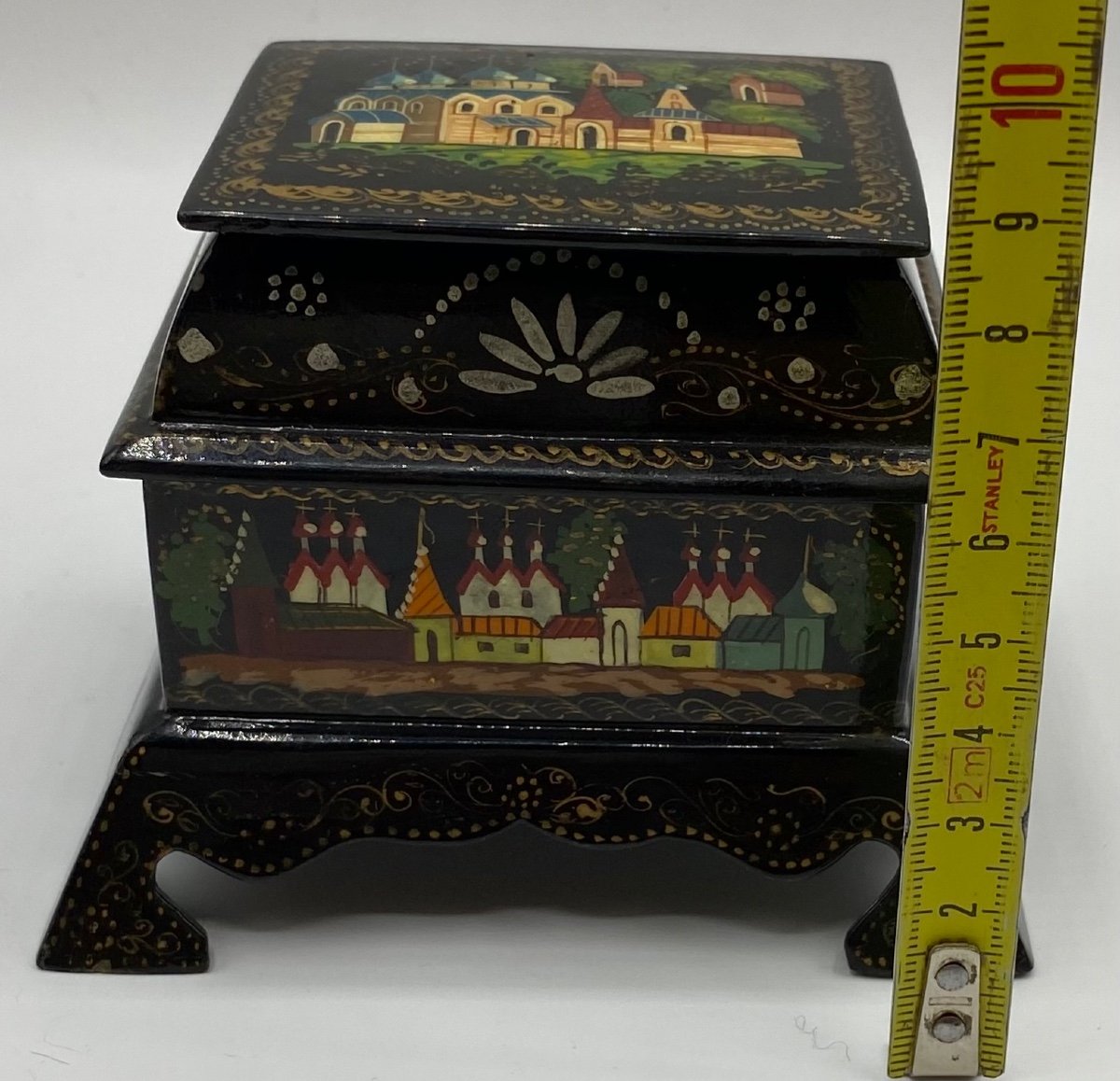 Double Level Box In Russian Painted Lacquered Wood Circa 1930-photo-7