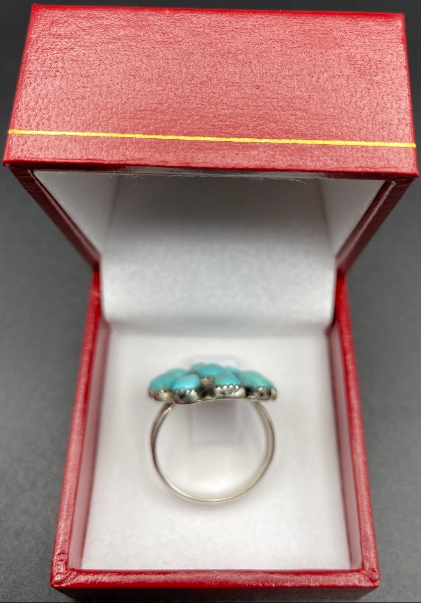 Sterling Silver Ring And Turquoise Cabochons Circa 1940/50-photo-2