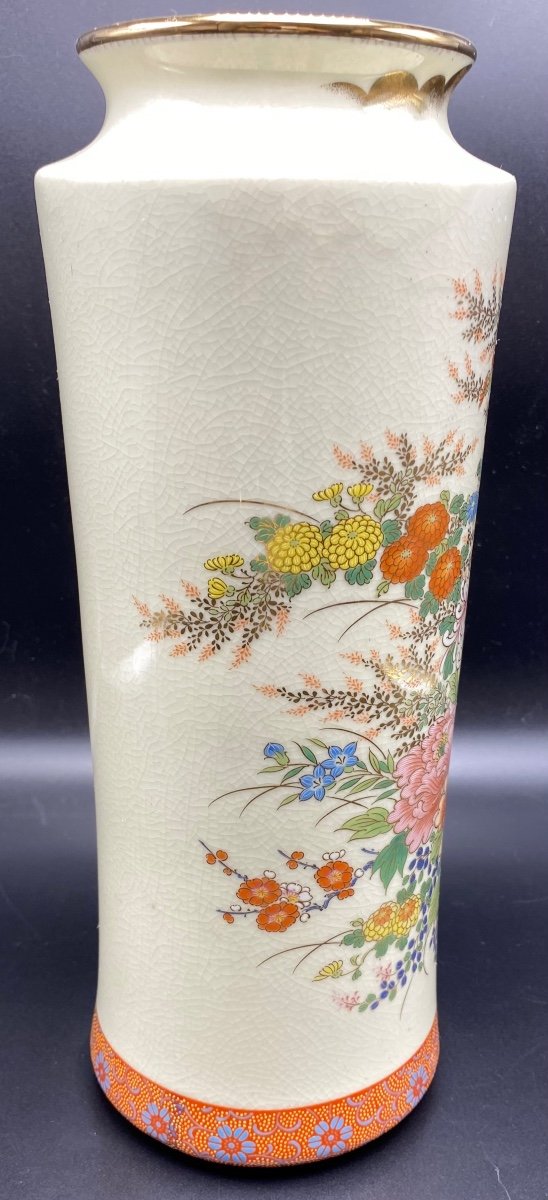 Grand Vase Rouleau En Porcelaine Craquelée émaillée Peinte Et Dorée Des Années 1925 Satsuma Ja…-photo-4