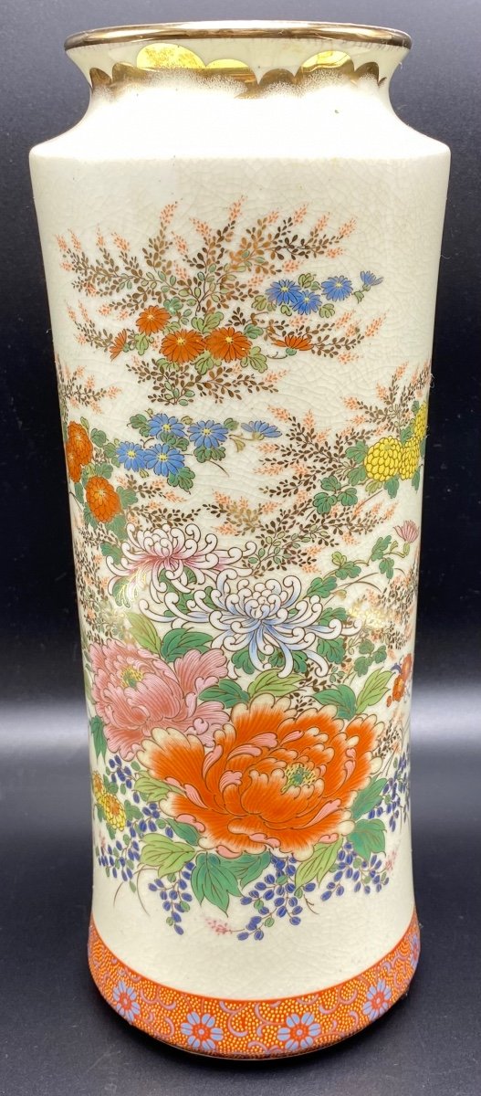Grand Vase Rouleau En Porcelaine Craquelée émaillée Peinte Et Dorée Des Années 1925 Satsuma Ja…