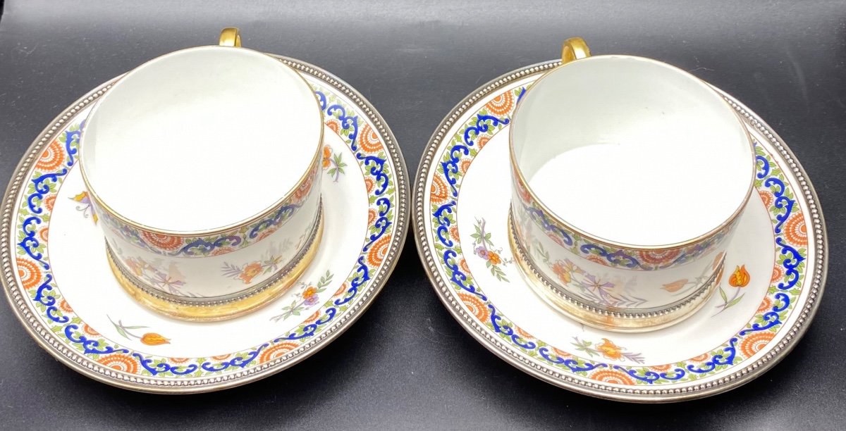 Pair Of Limoges Porcelain Breakfast Cups Strapping In Sterling Silver By Tadpole-photo-1