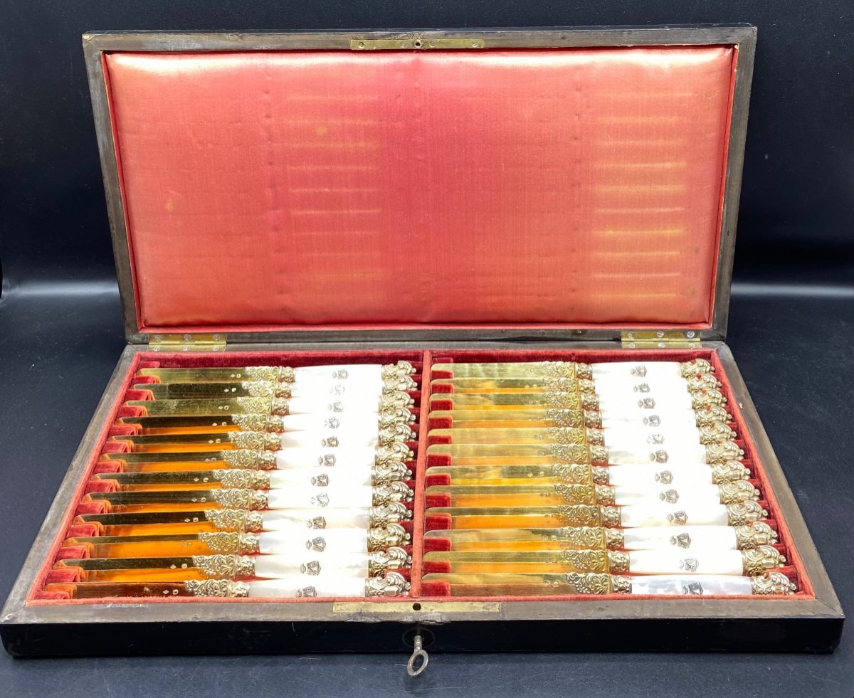 Box Of 24 Fruit Knives In Sterling Silver Vermeil From The 19th Century By Lassère La