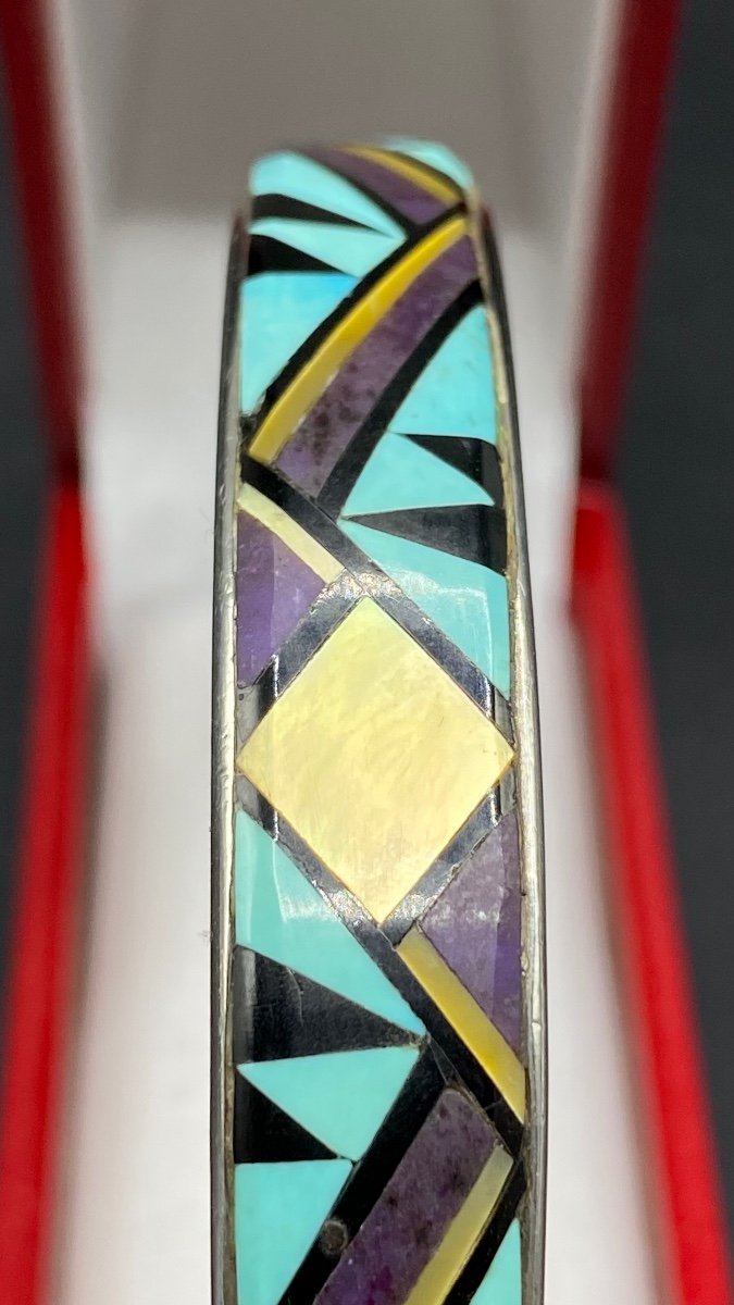 3/4 Bangle Bracelet In Sterling Silver Mother-of-pearl And Enamel Usa Circa 1970/80-photo-3