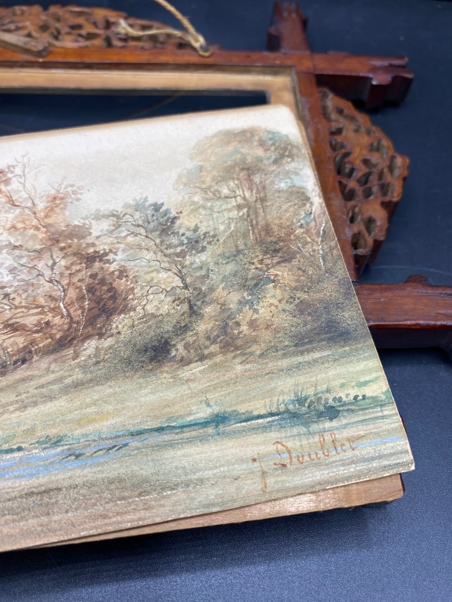 Watercolor By J. Doublet Around 1900 And Carved Wooden Frame -photo-3