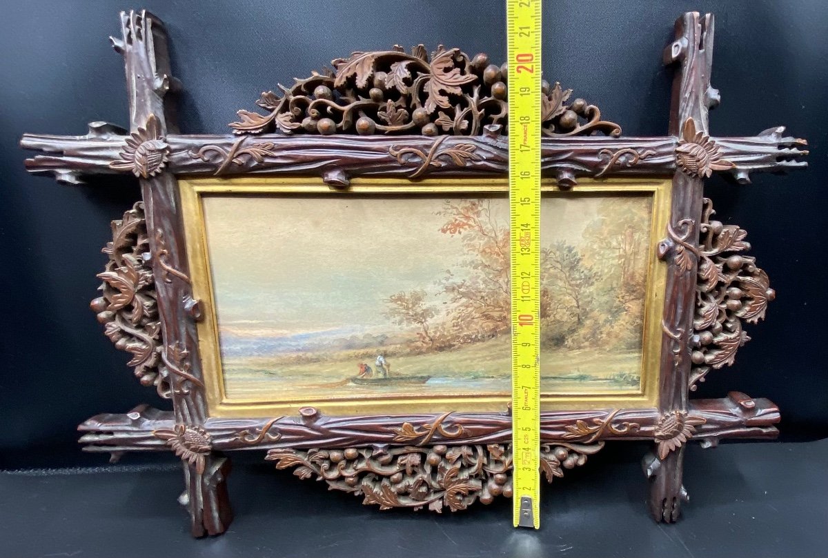 Watercolor By J. Doublet Around 1900 And Carved Wooden Frame -photo-6