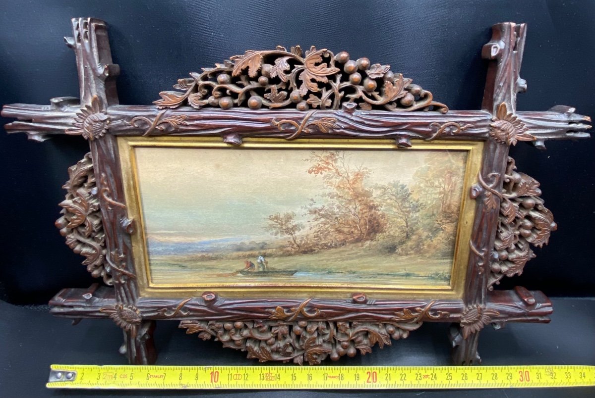 Watercolor By J. Doublet Around 1900 And Carved Wooden Frame -photo-7