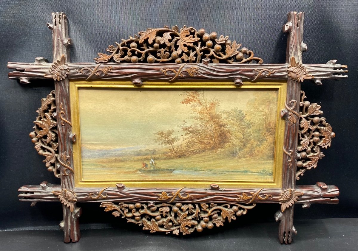 Watercolor By J. Doublet Around 1900 And Carved Wooden Frame 