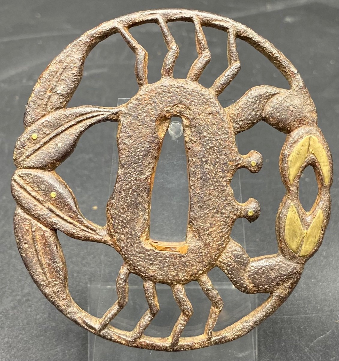 Tsuba Japonais Du XVIIIème En Fer Forgé Et Dinanderie De Laiton Et Cuivre Doré -photo-2