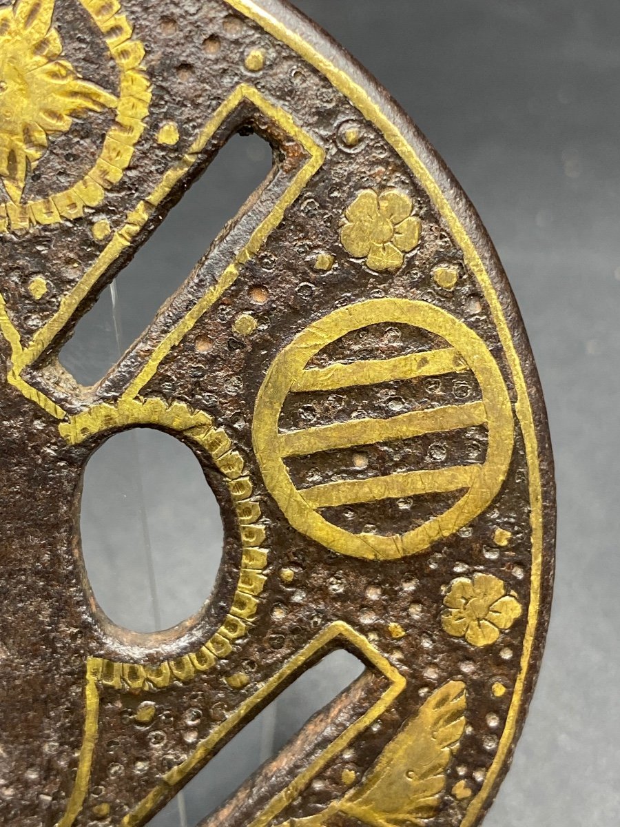 Tsuba Japonais XVIIIème Fer Forgé Et Dinanderie De Cuivre Doré -photo-1