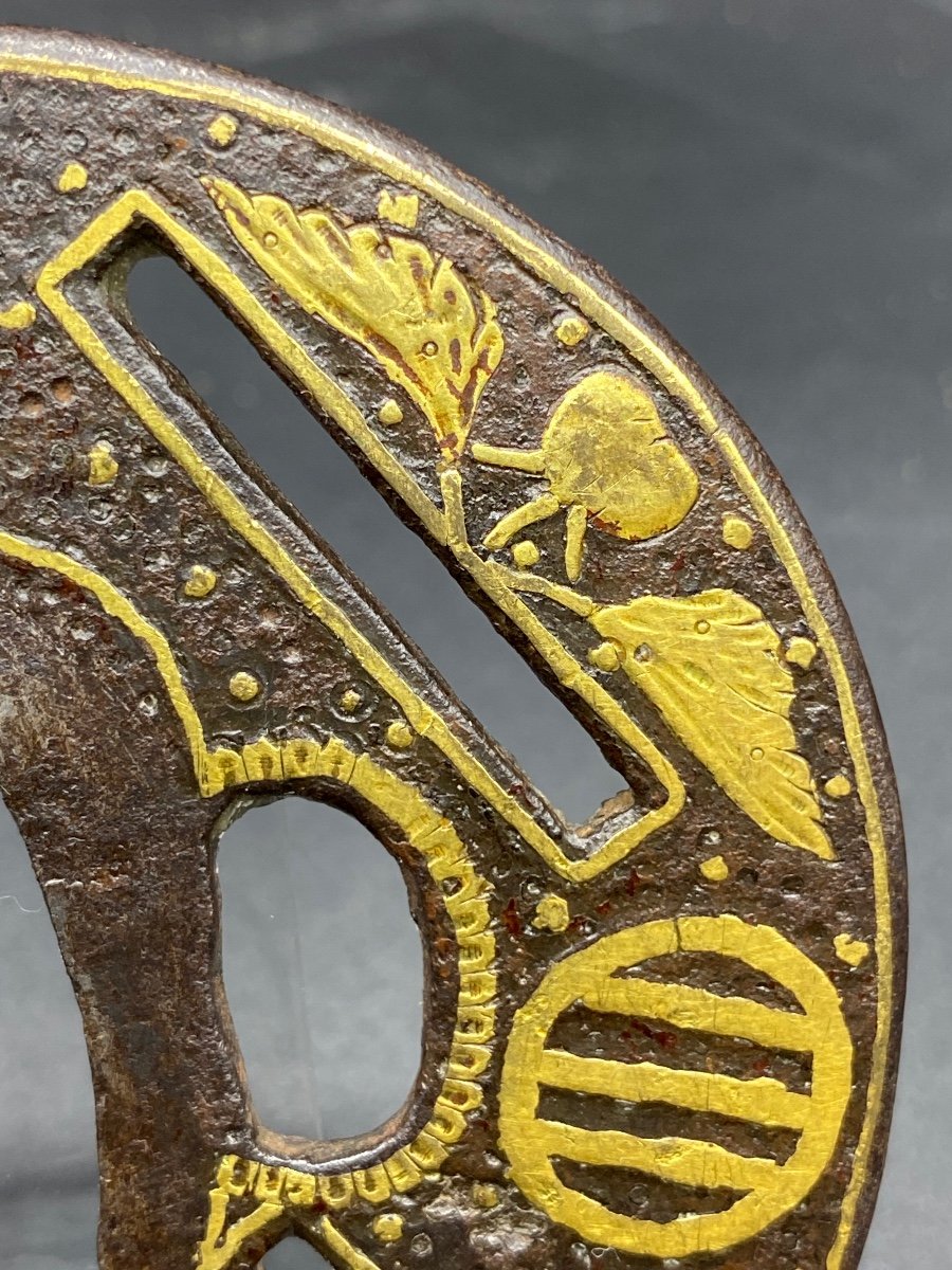 Tsuba Japonais XVIIIème Fer Forgé Et Dinanderie De Cuivre Doré -photo-3