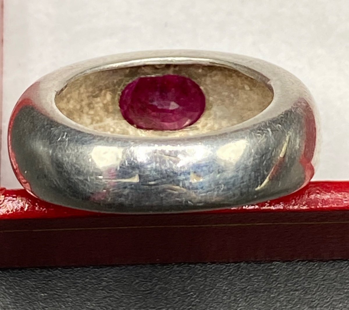 Bague Jonc Argent Massif Et Or Et Rubis Français Des Années 1930-photo-3