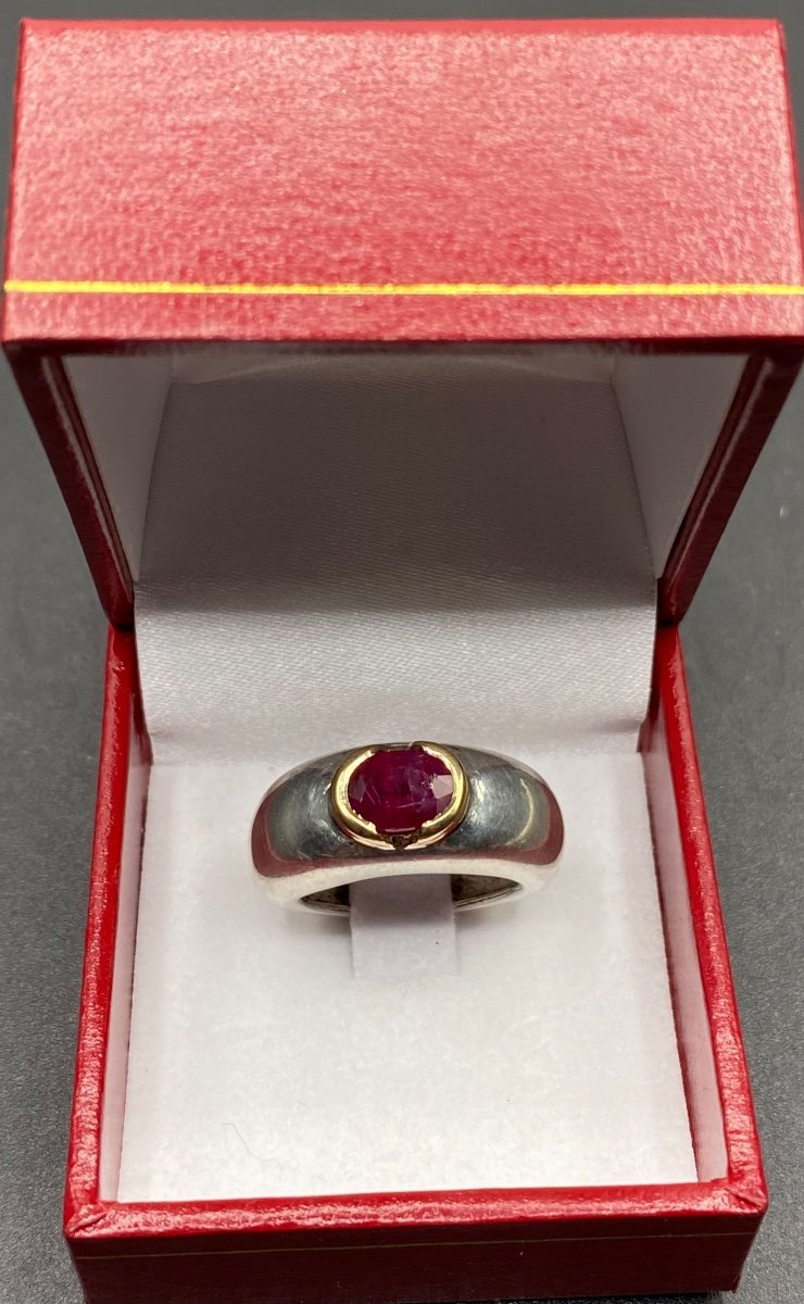 Bague Jonc Argent Massif Et Or Et Rubis Français Des Années 1930