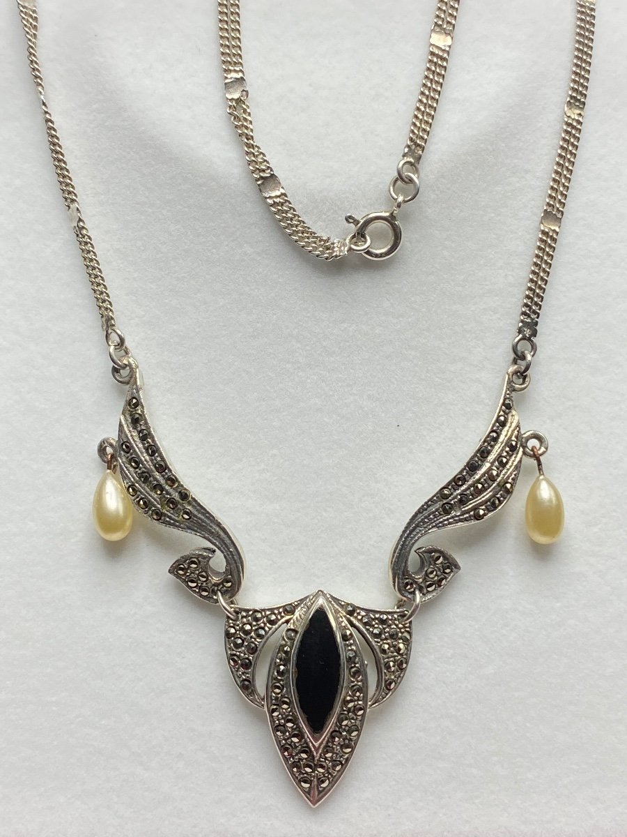 Sterling Silver Marcasite Onyx And Pearl Pendant From The 1930s-photo-3