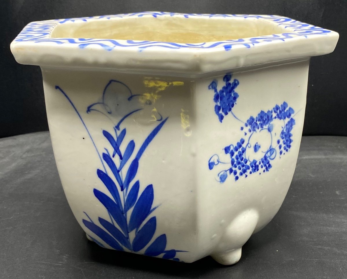 Painted Enameled Porcelain Planter, Blue White, From Japan Circa 1930-photo-2