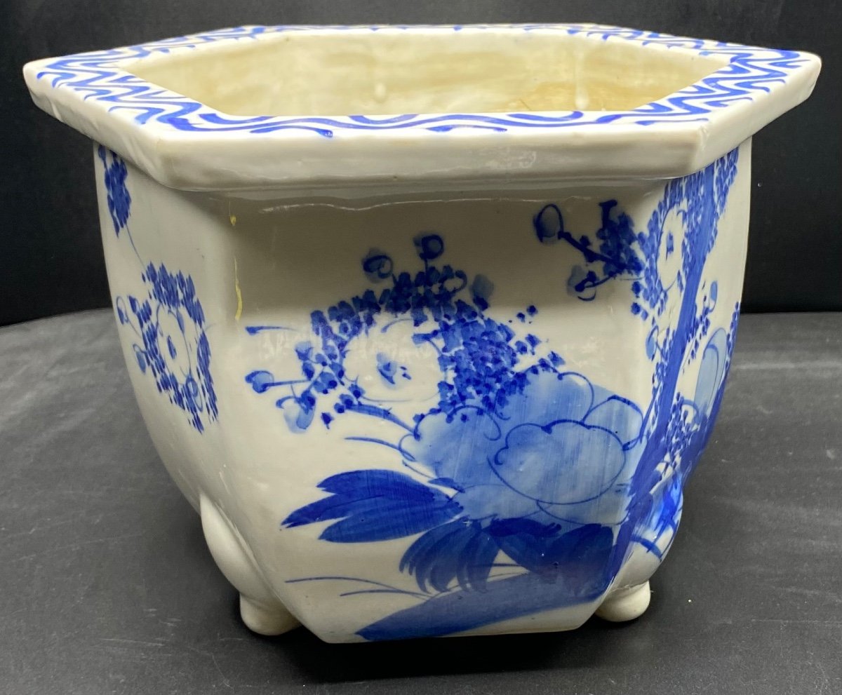 Painted Enameled Porcelain Planter, Blue White, From Japan Circa 1930-photo-3