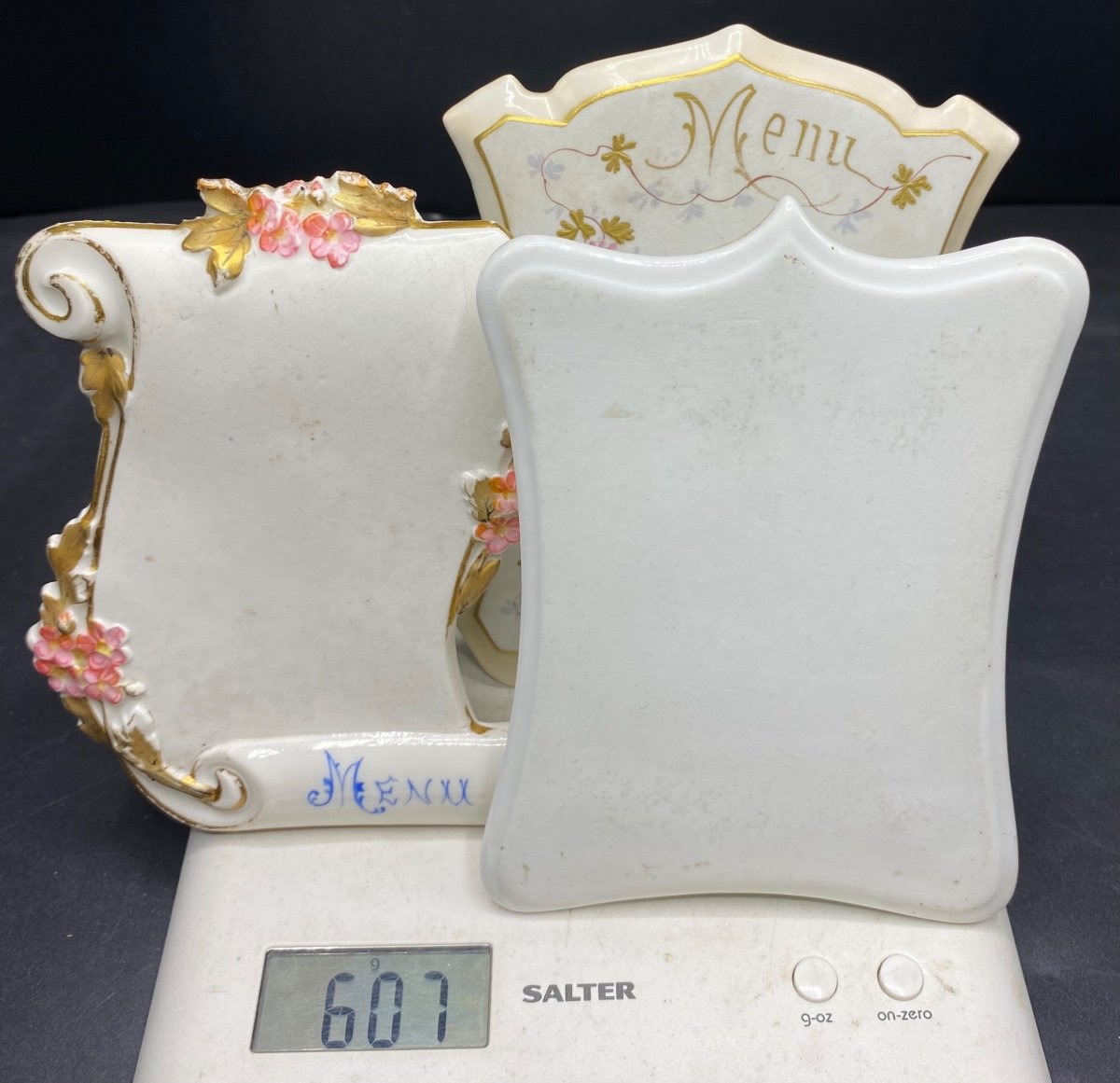 3 Menu Holders In Golden Enameled Porcelain, Limoges Circa 1900-photo-8