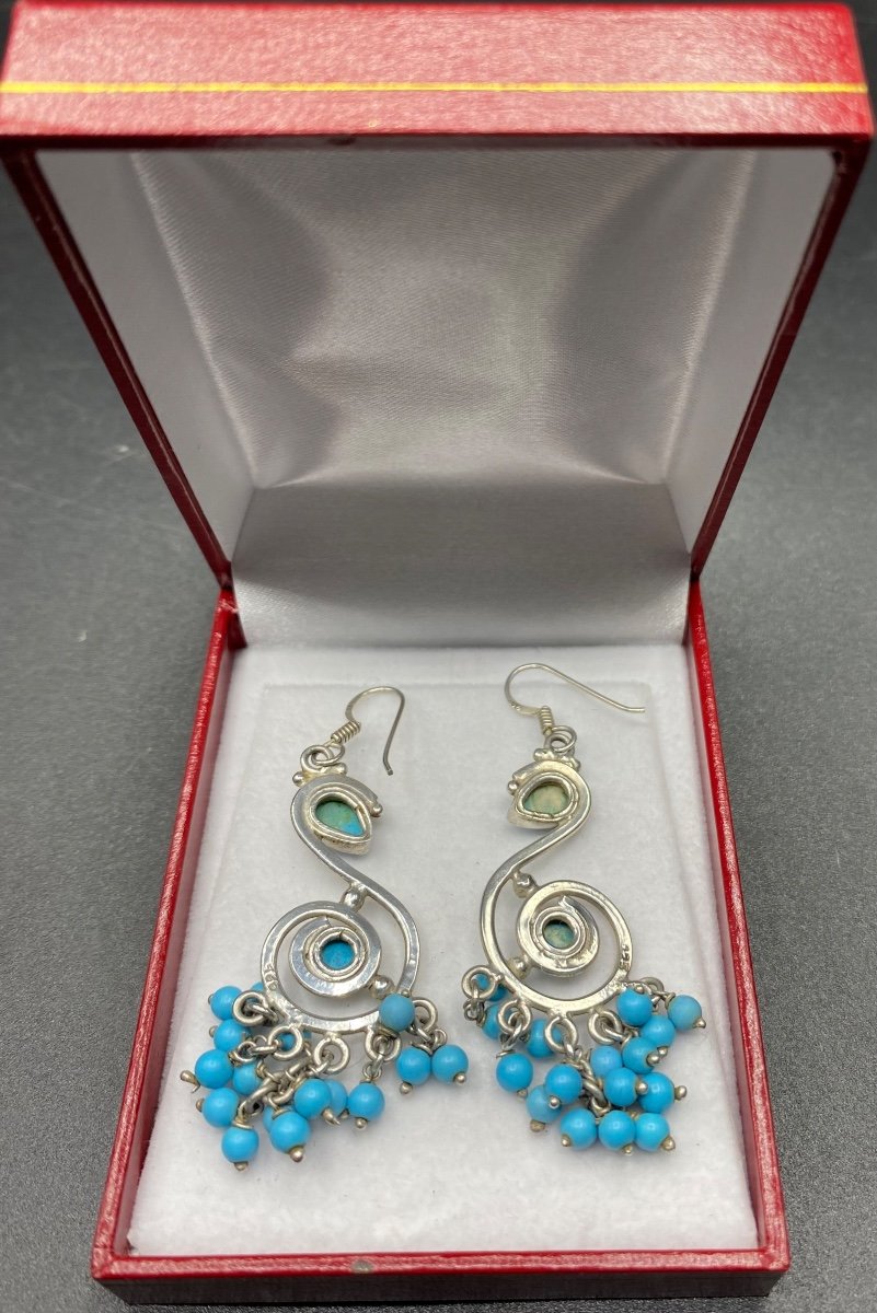 Sterling Silver Earrings, Turquoises From The 1970s, Foreign -photo-3