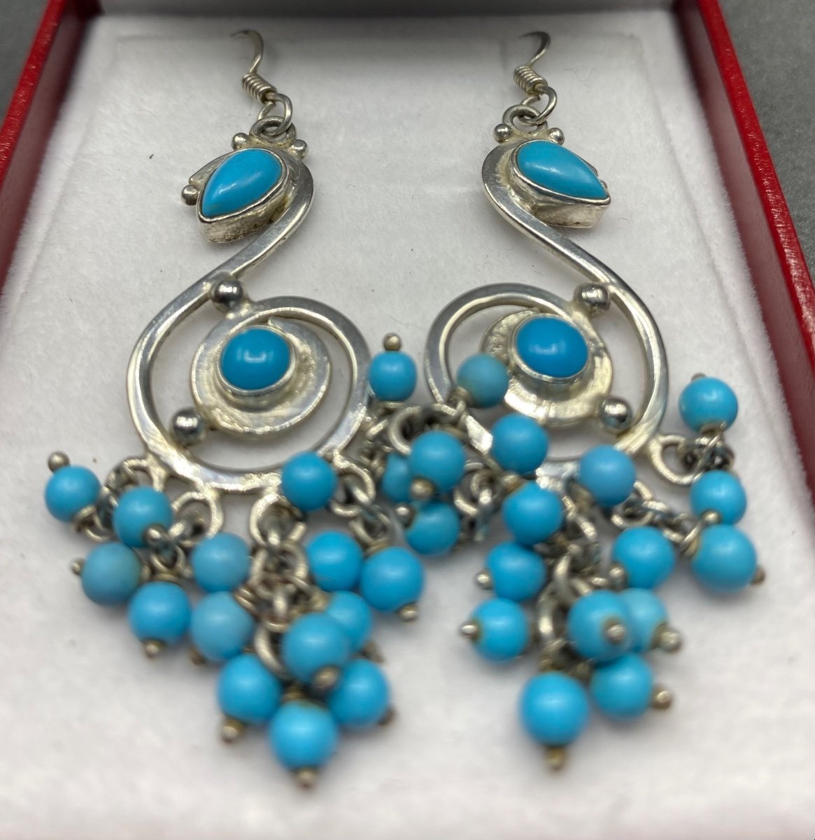 Sterling Silver Earrings, Turquoises From The 1970s, Foreign -photo-4