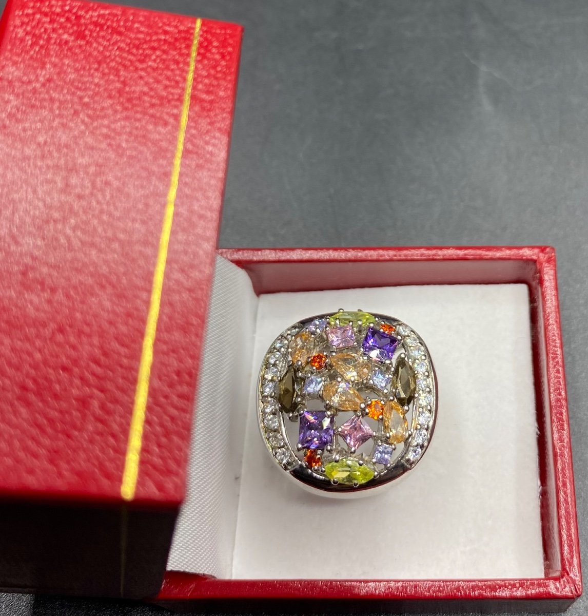 Bague En Argent Massif Et Bouquet De Cristaux Taillés, France Vers 1980-photo-2