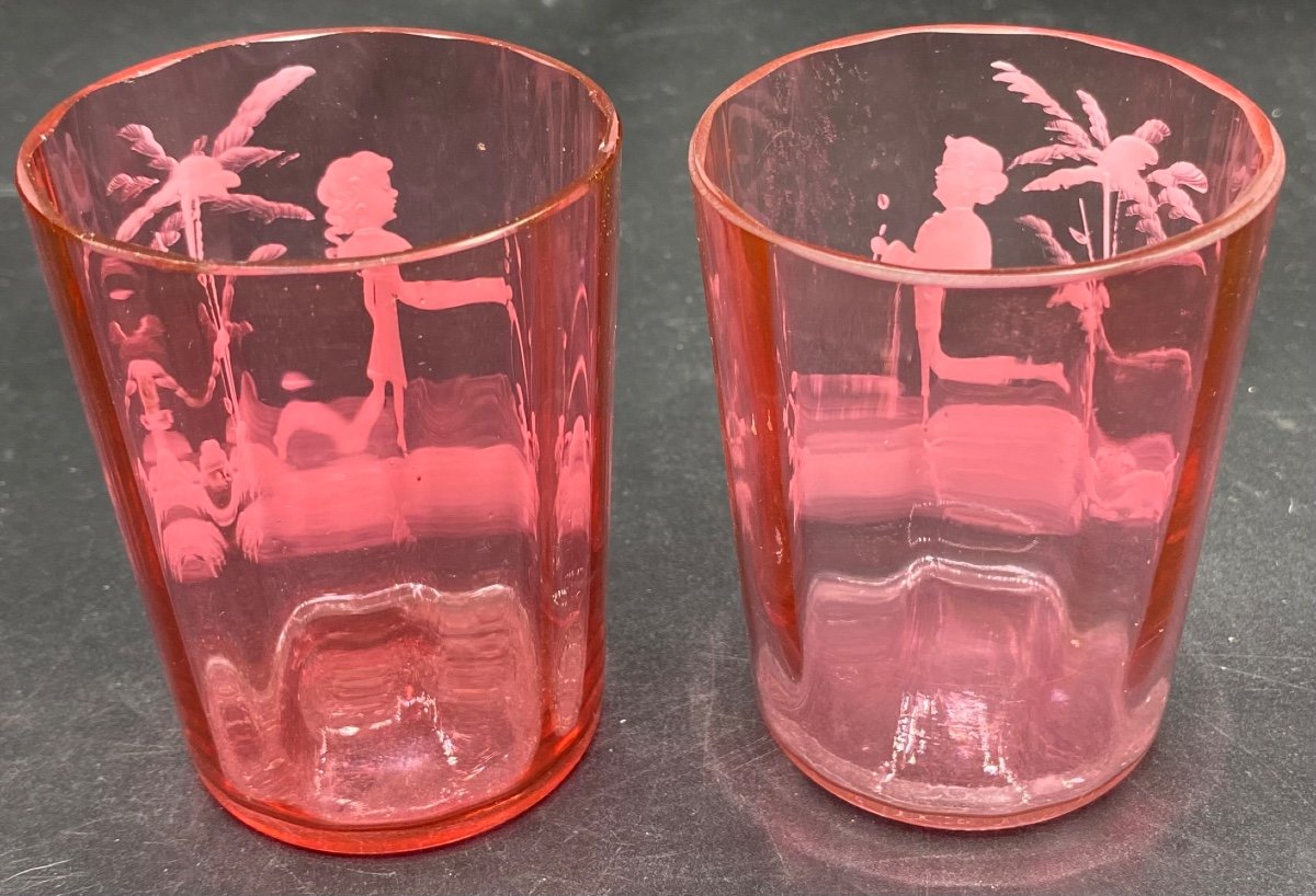 Paire De Petits Verres En Cristal émaillé Mary-Gregory Vers 1900-photo-3