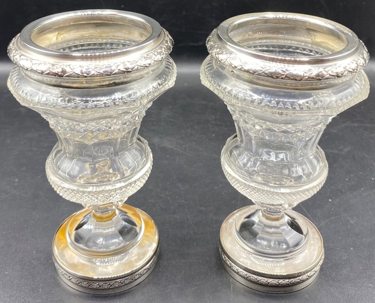 Paire De Petits Vases Médicis En Cristal Taillé Montés Argent Massif Fin XIXème Français -photo-3