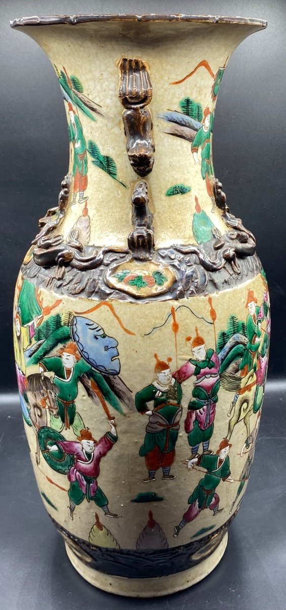 Grand Vase Nankin En Grès Vernissé Craquelé Et émaillé à Couleurs Fin XIXème-photo-2