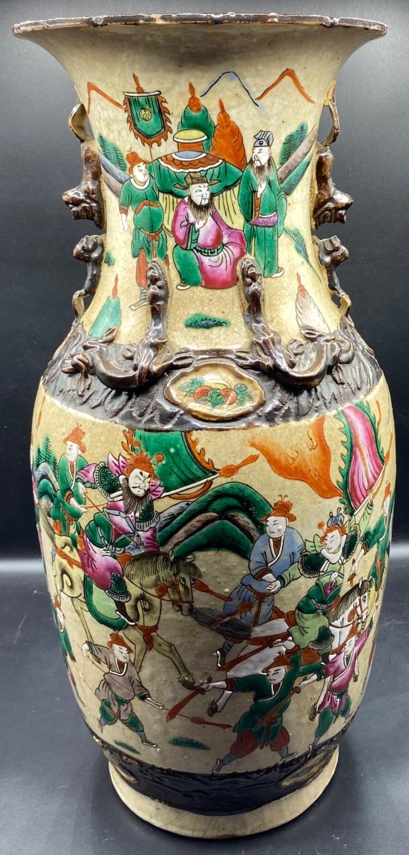 Grand Vase Nankin En Grès Vernissé Craquelé Et émaillé à Couleurs Fin XIXème-photo-3