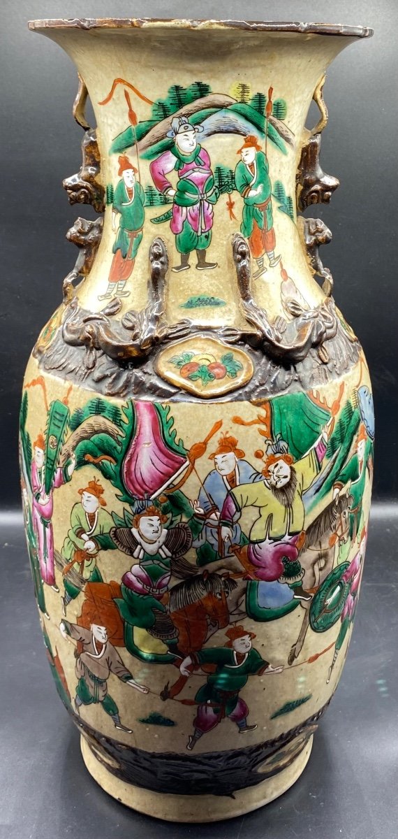 Grand Vase Nankin En Grès Vernissé Craquelé Et émaillé à Couleurs Fin XIXème