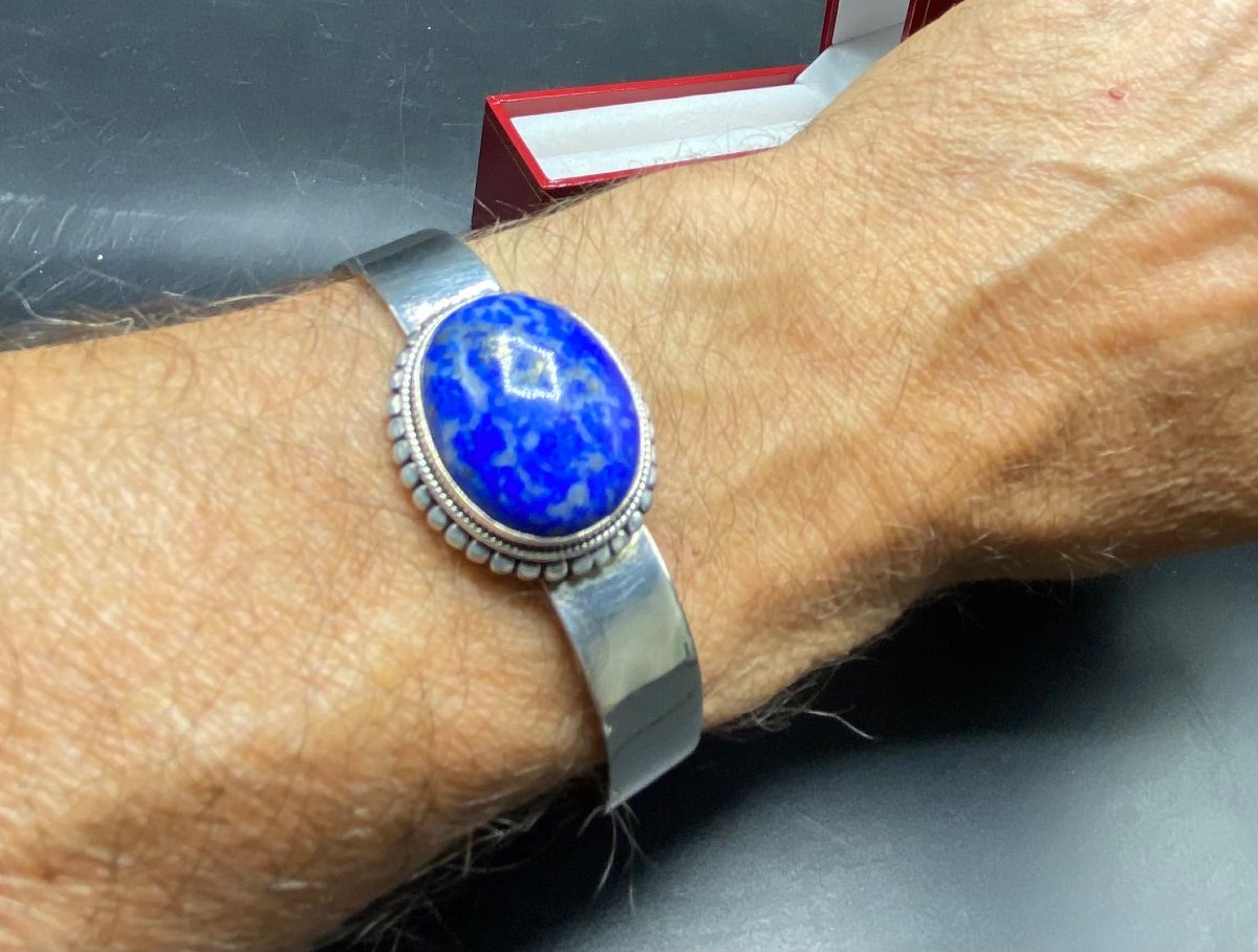 Bracelet En Argent Massif Et Cabochon De Lapis - Lazuli Des Années 1950 Français-photo-3