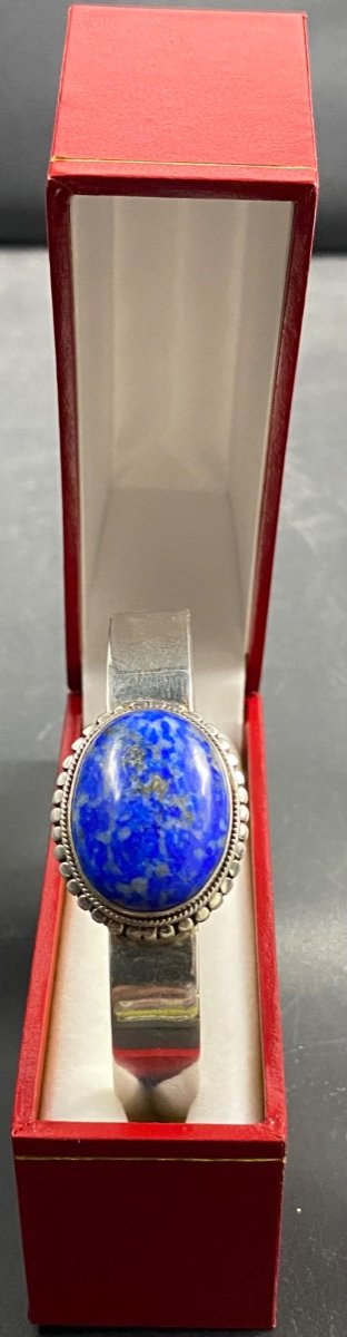 Bracelet En Argent Massif Et Cabochon De Lapis - Lazuli Des Années 1950 Français