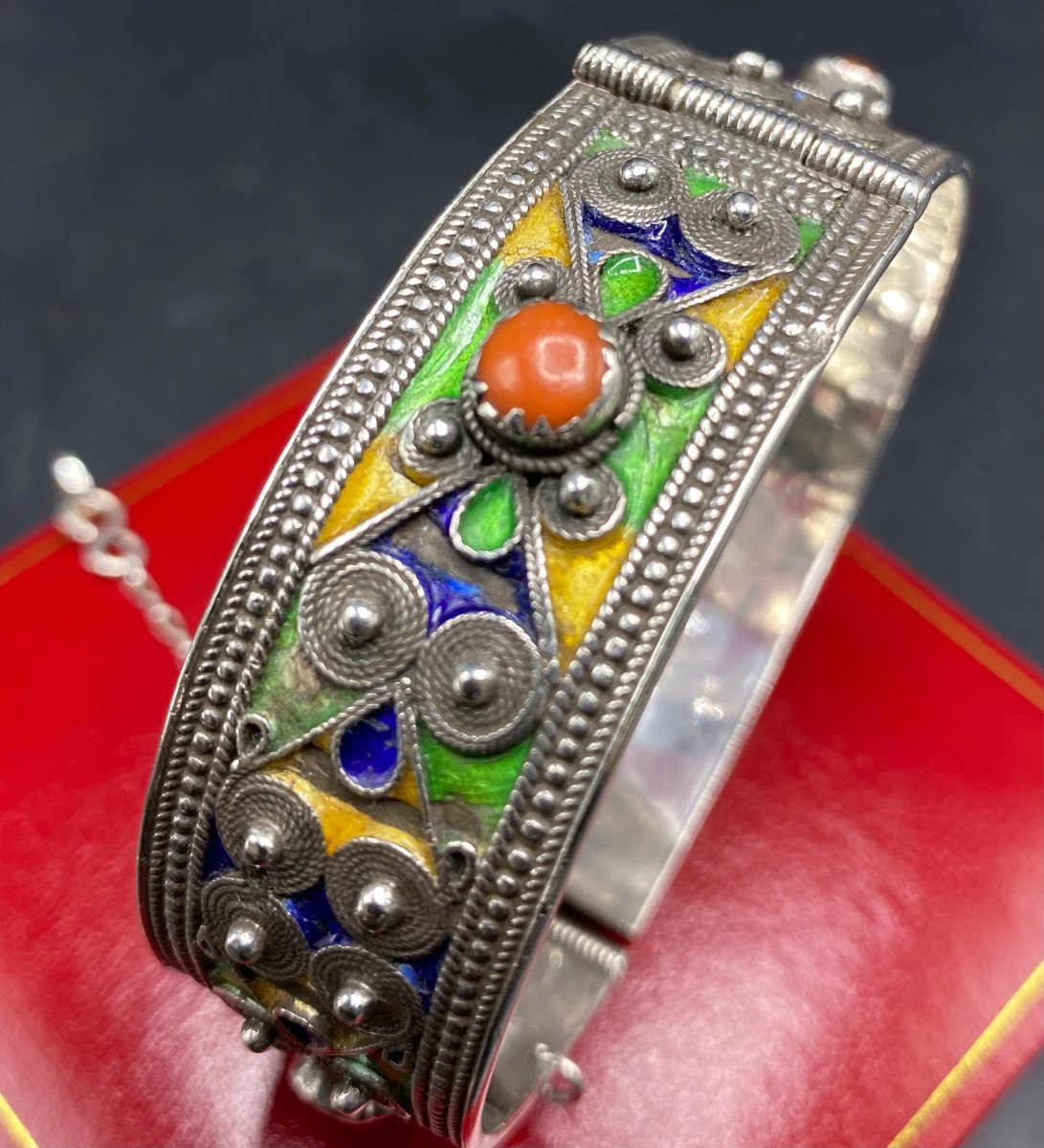 Bracelet In Sterling Silver Enamels And Berber Coral Cabochons Circa 1920-photo-2