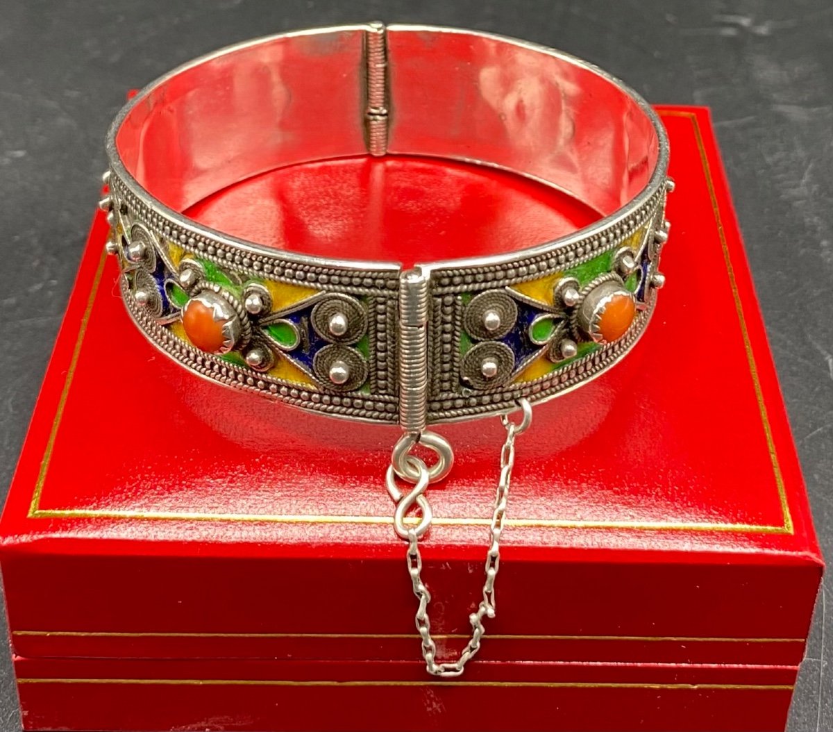 Bracelet In Sterling Silver Enamels And Berber Coral Cabochons Circa 1920